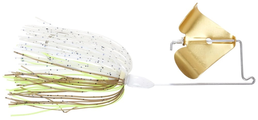 The Accent Jacob Wheeler Original Buzzbait by Accent features a white, tan, and light green skirt, a gold blade-shaped spinner on a bent wire, and a Soft Plastic Keeper for secure bait attachment.
