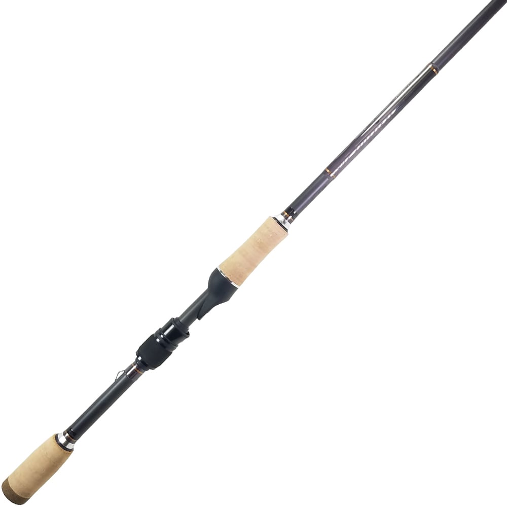 The ALX ENOX Spinning Rod Wizard 7'2" Medium (E28630FS) features a long, slender black and grey body with cork handles, metallic accents, and a visible reel seat. Designed for finesse techniques, it offers precision casting with a fast tip.