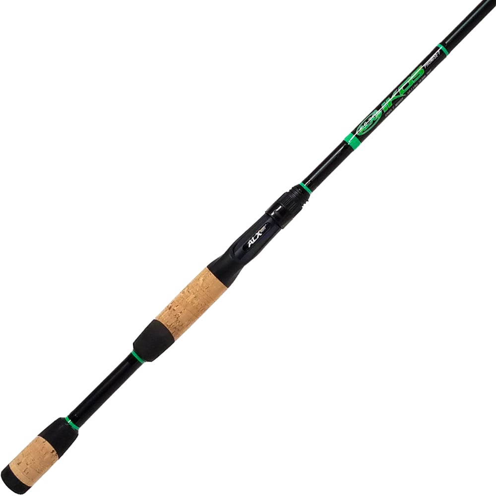 The ALX IKOS Casting Rod Promise 7 7'0" Medium Heavy | IC84F4 is perfect for bass fishing with its sleek black body, green accents, and two cork grips. Lightweight yet strong, the design ensures an ideal tool for sport fishing.