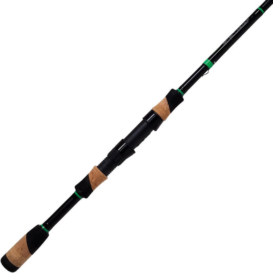 The ALX IKOS Spinning Rod Shake 7'0" Medium Light features a black graphite body with green accents and an ergonomic split grip cork handle. With its fast action taper, it ensures efficient casting and reeling.