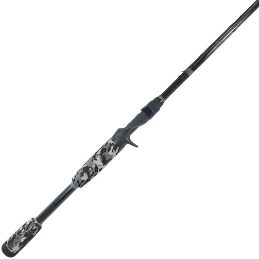 The ALX Oxim Casting Rod Smoker 7'5" Heavy | XM50F89C features a sleek black body with a camo-patterned handle and reel seat, ideal for bass fishing. Its ergonomic design and trigger grip provide comfort and control for targeting elusive catches.