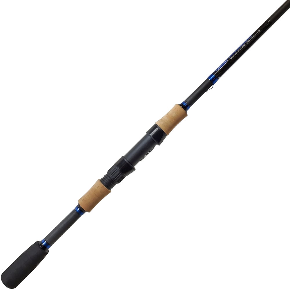 The ALX ZOLO Spinning Rod McSmalls 7'6" Light+ | OBS-1.5-90F features a Light+ Action and cork handles with blue accents, modern reel seat design, and a smooth grip. It's engineered by ALX to offer professional functionality and a sleek look for discerning anglers.