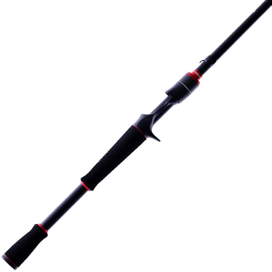 The Ark Fishing Invoker Pro Casting Rod 7'0" Medium Heavy (IVP70MHXC) features a stylish black design with red accents and a durable carbon-fiber split grip handle. Positioned diagonally on a white background, it embodies precision and strength.