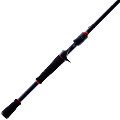 The Ark Fishing Invoker Pro Casting Rod 7'4" Mag Heavy (IVP74HFC) features a black carbon-fiber design with red accents, offering a comfortable grip and sleek look. Its diagonal angle showcases its craftsmanship, making it ideal for heavy cover challenges.