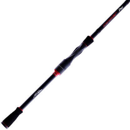 The Ark Fishing Invoker Pro Spinning Rod 7'1" Medium features a modern black design with red accents, crafted from carbon-fiber. It has an ergonomic grip, micro guide system, and the brand's logo near the handle, making it perfect for both professional and recreational fishing.