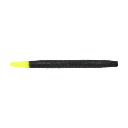 The Berkley Powerbait MaxScent The General, perfect for finesse presentations, has a segmented texture and dark color with a vivid yellow tip. It's designed against a plain white background to attract attention without being overwhelming.