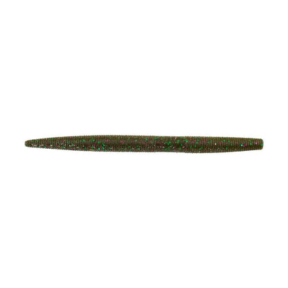 The Berkley Powerbait MaxScent The General by Berkley is a green, worm-shaped fishing lure with sparkles. It features a textured cylindrical surface that tapers at both ends, ideal for finesse presentations.