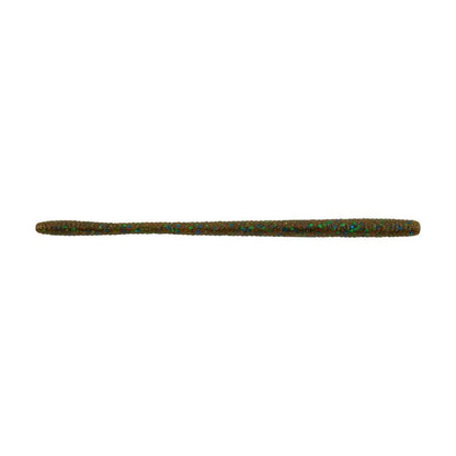 The Berkley Powerbait MaxScent D-Worm by Berkley is a brown, slender fishing bait with green and red flecks, displayed on a white background.