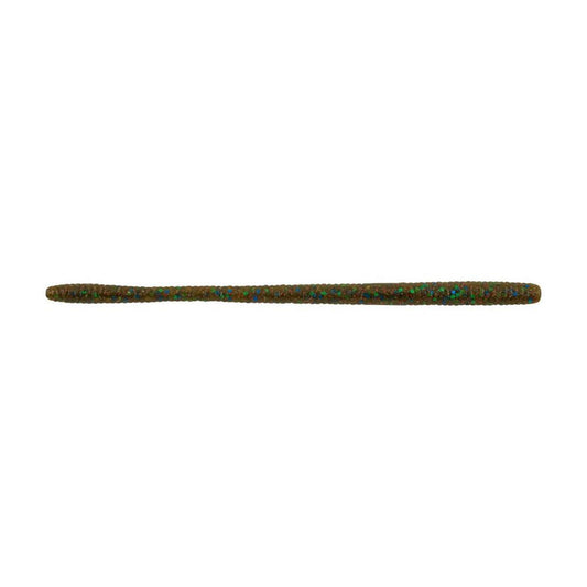 The Berkley Powerbait MaxScent D-Worm by Berkley is a brown, slender fishing bait with green and red flecks, displayed on a white background.