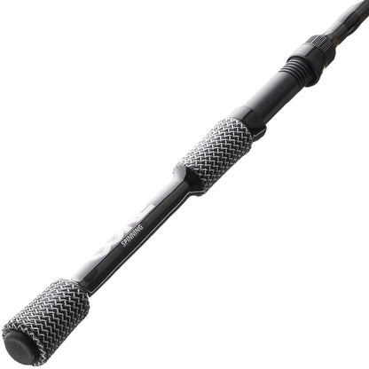 A close-up of the Cashion CORE Series Spinning Rod 6'6" Medium (CM78266S) handle shows its textured grip, rod shaft, and reel seat, with the word "SPINNING" visible.