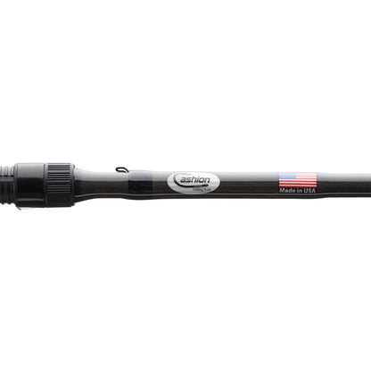 Close-up of a Cashion Rods CORE Series Spinning Rod 6'6" Medium (CM78266S) with "Cashion" branding and a small American flag beside "Made in USA" on the rod.