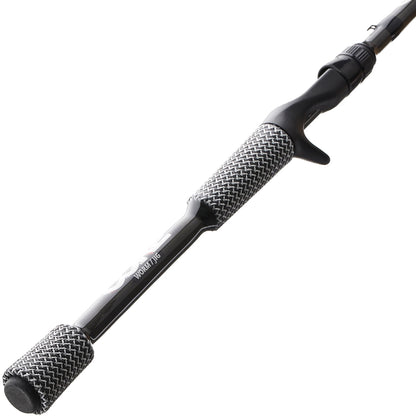 A close-up of the Cashion Rods CORE Series Casting Rod Worm Jig 7'0" Medium (CM8427) handle, featuring a textured black and white grip and trigger-style reel seat, highlights its medium action design on a white background.