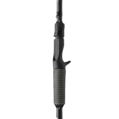 Close-up of the Cashion ICON Series Chatterbait Casting Rod 7'1" Medium Heavy (ICH71MHMF) handle, highlighting its black and gray textured grip and black reel seat, displayed against a white background.