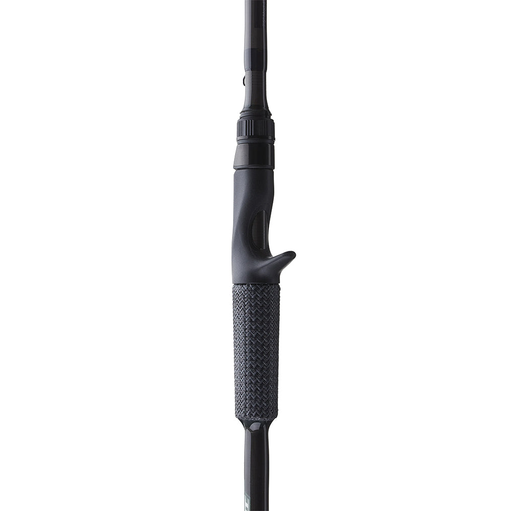 Close-up of the Cashion Rods ICON Series Crankbait Casting Rod 7'0" Medium Heavy (IC7MHMF) handle, featuring a black textured grip and trigger-style reel seat, shown against a plain white background.