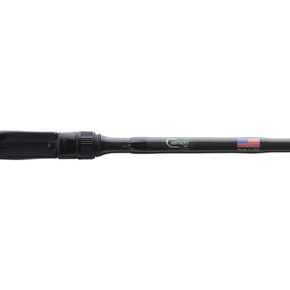 Close-up of a black handle on the Cashion ICON Series Crankbait Casting Rod 7'0" Medium Heavy, featuring the "Fashion" logo, small American flag sticker, and "Made in USA" text—proudly showcasing a quality American-made rod from Cashion.