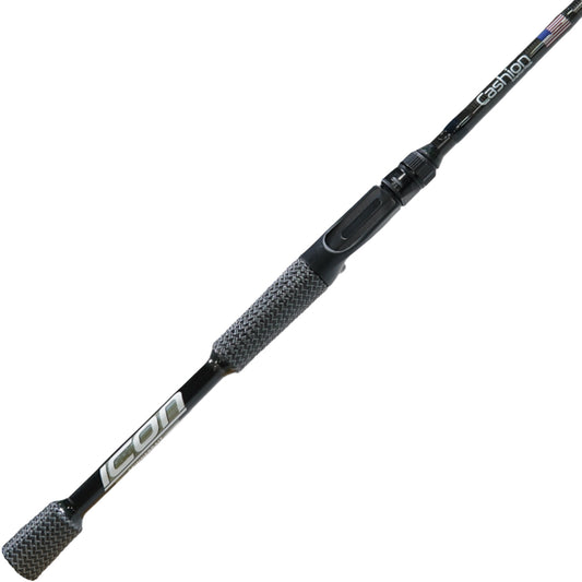 The Cashion ICON Series Spinnerbait Casting Rod 7'2" Medium Heavy (ISPB72MHF) features a black design with gray accents, "ICON" in white near the base, an American flag detail, and durable handmade carbon fiber grips for performance.