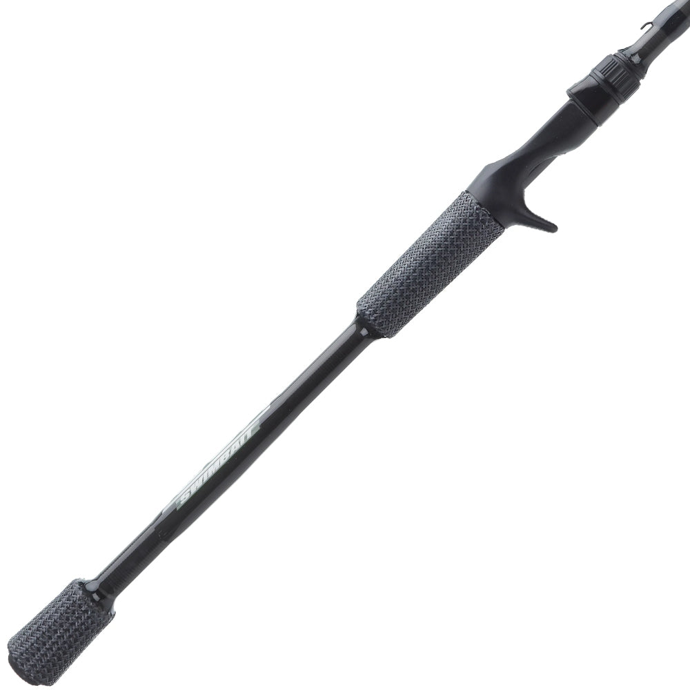 A close-up of the Cashion Rods ICON Series Swimbait Casting Rod 7'8" Medium Heavy (ISW78MHMF) handle by Cashion, featuring textured grey grips and a trigger-style reel seat, isolated on a white background.