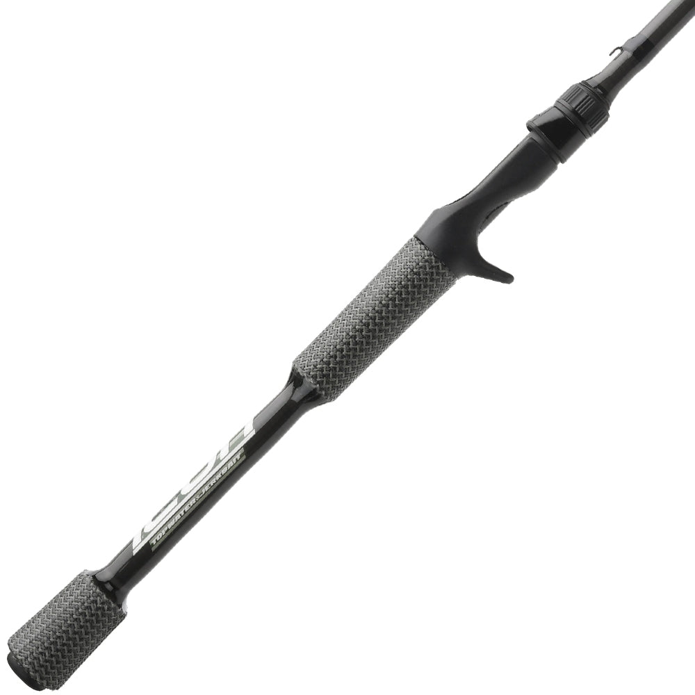 A close-up of the Cashion ICON Series Topwater Jerkbait Casting Rod 6'9" Medium (ITJ69MXF) by Cashion, featuring a textured gray grip and trigger handle, with the rod tip partially visible against a white background.
