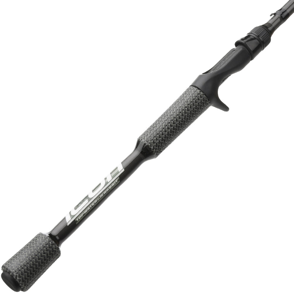 A close-up of the Cashion Rods ICON Series Topwater Jerkbait Casting Rod 6'9" Medium handle shows its textured grip, trigger-style reel seat, and the "ICON" branding on the shaft.