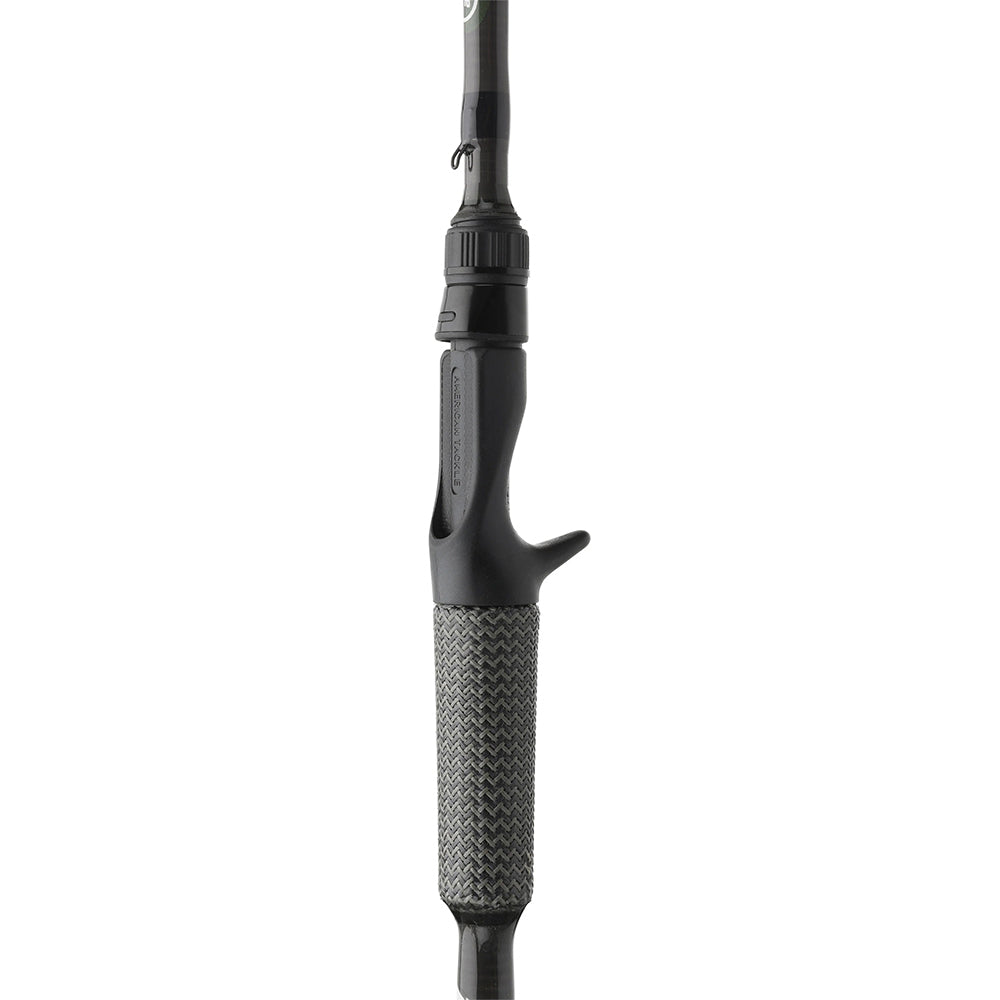 Close-up of the Cashion ICON Series Topwater Jerkbait Casting Rod 6'9" Medium (ITJ69MXF) handle, featuring a textured black and gray grip and trigger-style reel seat for comfort—ideal for topwater and jerkbait fishing.