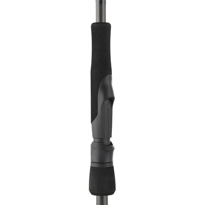 Close-up of the Cashion ICON Series Panfish Trout Spinning Rod 6'6" Ultra Light (IPT66ULFS) handle, featuring a black foam grip and gray reel seat, crafted from durable carbon fiber, shown against a white background.