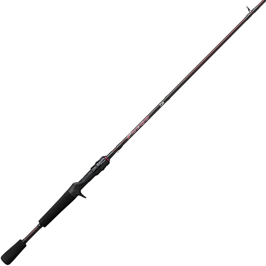 Discover the Daiwa Fuego Casting Rod 7'1" Medium Heavy (FGO711MHFB), boasting a lightweight build, sleek black design, and comfortable foam handle. Expertly tapered from a thicker base to a thinner tip with subtle red accents for enhanced performance.