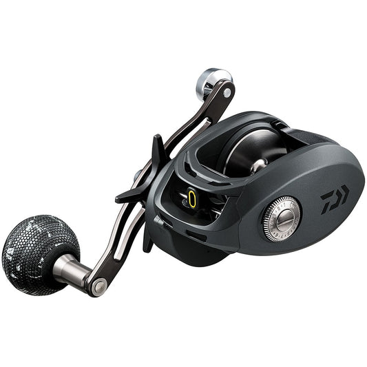 A close-up of the Daiwa Lexa Type WN 400HS-P 7.1:1 Casting Reel by americanlegacyfishing shows its round textured power handle, metallic accents, Daiwa logo, and Ultimate Tournament Drag for superior fish-stopping power.