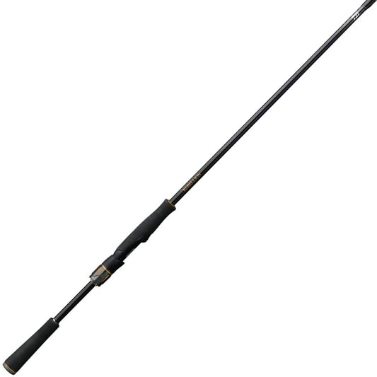 The Daiwa Rebellion 6'8" Medium Light 2 Piece Spinning Rod (REBELLION682ML+FS) features Braiding-X technology for strength, a padded handle, and reel seat. Sleek black design provides comfort and precise casting, shown diagonally on a white background.