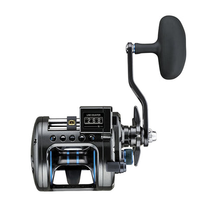 Close-up of the Daiwa Saltist Levelwind Line Counter Conventional Reel (STTLW50LCH) displaying "268 ft" with black and blue accents, a right ergonomic handle, and a digital counter, making it ideal for deep-sea fishing.