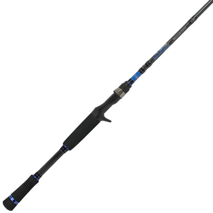The Dobyns Maverick Series Casting Rod 7'0" Medium Heavy Crankbait (MK 705CB) features a black and blue design, split grip handle, and silver reel seat. Designed for baitcasting, it boasts sleek modern details with branding near the handle.