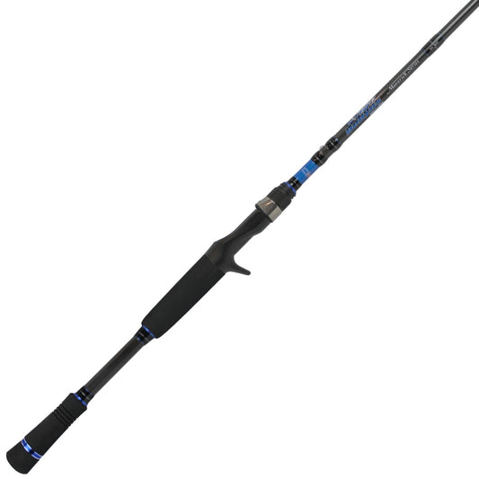 The Dobyns Maverick Series Casting Rod 7'0" Medium Heavy Crankbait (MK 705CB) features a black and blue design, split grip handle, and silver reel seat. Designed for baitcasting, it boasts sleek modern details with branding near the handle.
