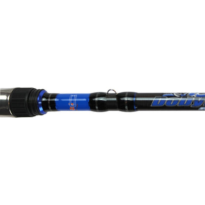 Close-up of a Dobyns Maverick Series Casting Rod 7'3" Mag Heavy (MK 735C), featuring a blue and black handle with metallic accents and a Mag Heavy metal loop. The brand "Dobyns" is partially visible in stylized lettering.