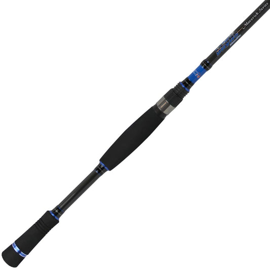 The Dobyns Maverick Series Spinning Rod 7'0" Medium Light | MK 702SF showcases a blue and black design with a sleek handle, standing out stylishly against a white background.