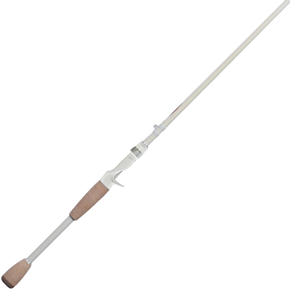 The Duckett Pro Series Casting Rod Dean Rojas 7'1" Medium Heavy | DFPS71MH-C, featuring Carbon Nano Technology and a cork handle with trigger grip, is elegantly angled diagonally against the white background.