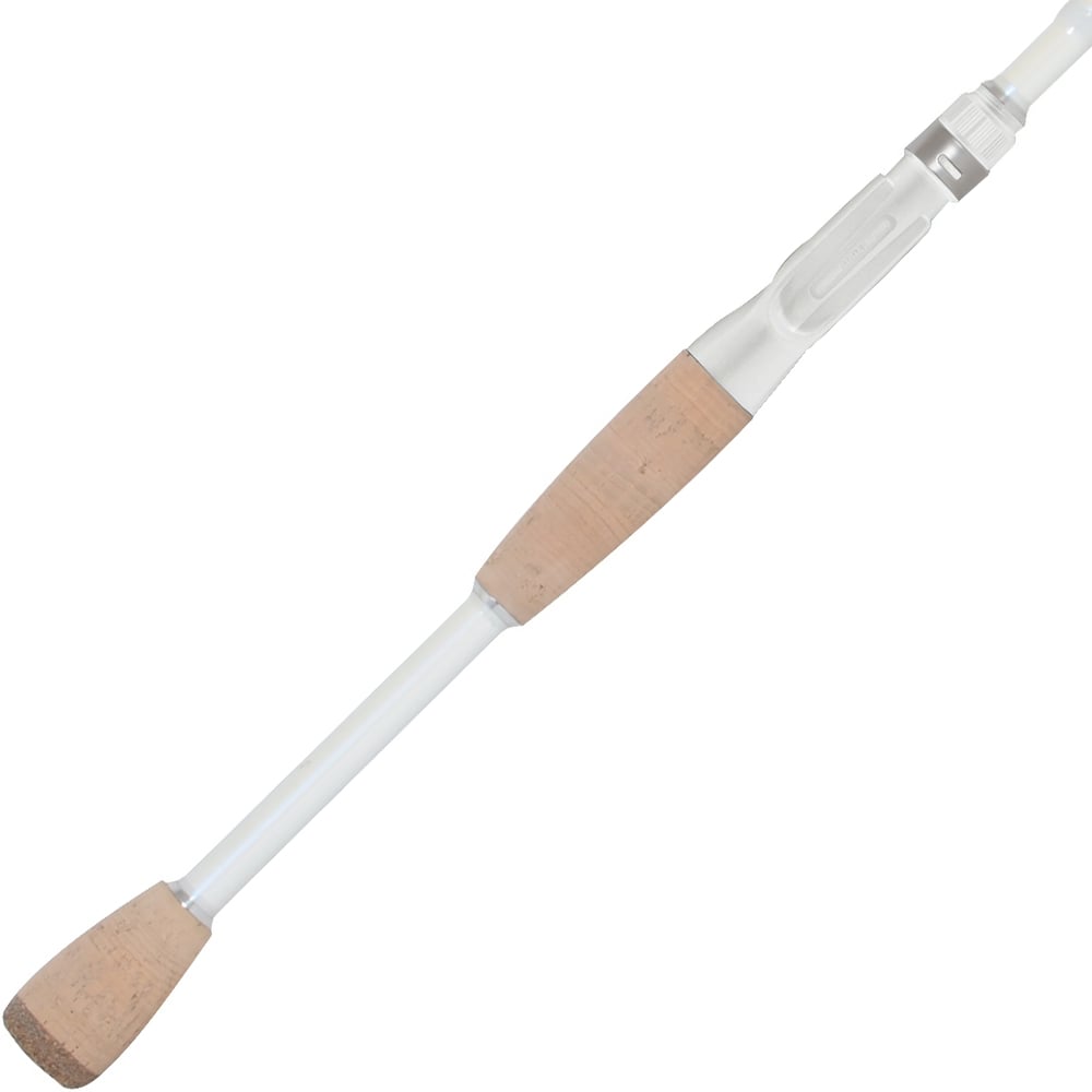 The Duckett Pro Series Casting Rod Dean Rojas 7'1" Medium Heavy (DFPS71MH-C) features a sleek white design, cork handle, and reel seat. Its X-Helical coil construction ensures a lightweight feel, making it ideal for anglers.