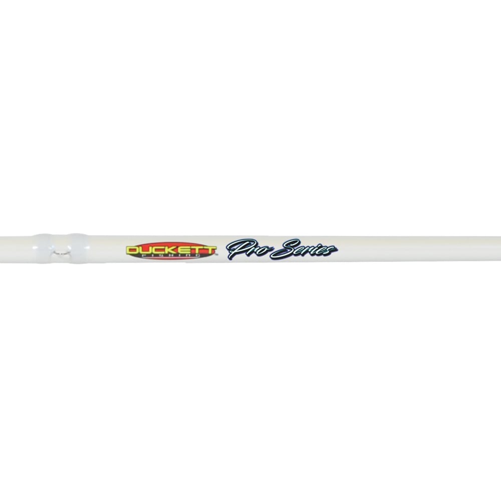 The Duckett Pro Series Casting Rod Dean Rojas 7'1" Medium Heavy (DFPS71MH-C) features carbon nano technology and X-Helical coil construction, displaying a sleek white design with "Duckett Pro Series" boldly printed.
