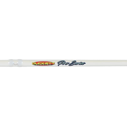 The Duckett Pro Series Casting Rod Dean Rojas 7'1" Medium Heavy (DFPS71MH-C) features carbon nano technology and X-Helical coil construction, displaying a sleek white design with "Duckett Pro Series" boldly printed.
