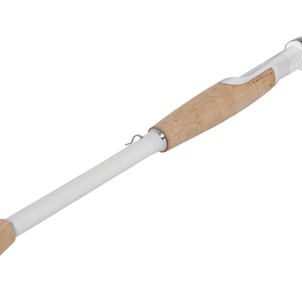Close-up of the Duckett Pro Series Spinning Rod Gary Klein 7'1" Medium with a wooden handle, white Sensi-Touch blank, cork-textured grip, and metal hook holder near the connection showcasing its simplicity and design.