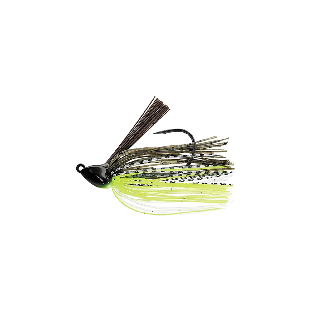 The Evergreen Grass Ripper Jig features a black head and weed guard, complemented by a green and black skirt to mimic baitfish, making it perfect for anglers tackling dense cover to achieve outstanding results in challenging waters.