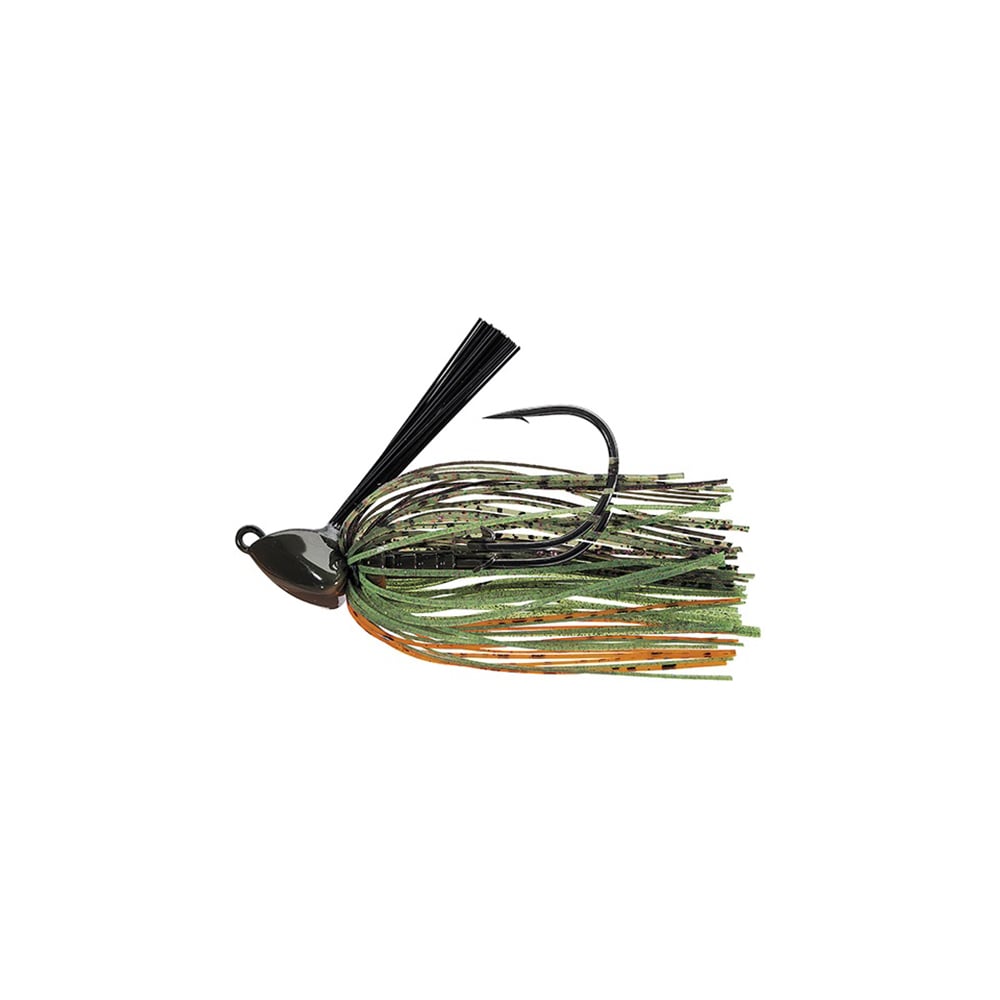 Introducing the Evergreen Grass Ripper Jig, a multi-colored lure crafted for savvy anglers. It features a black hook and weed guard with green, orange, and black strands that imitate aquatic vegetation, expertly attached to a durable metal head.