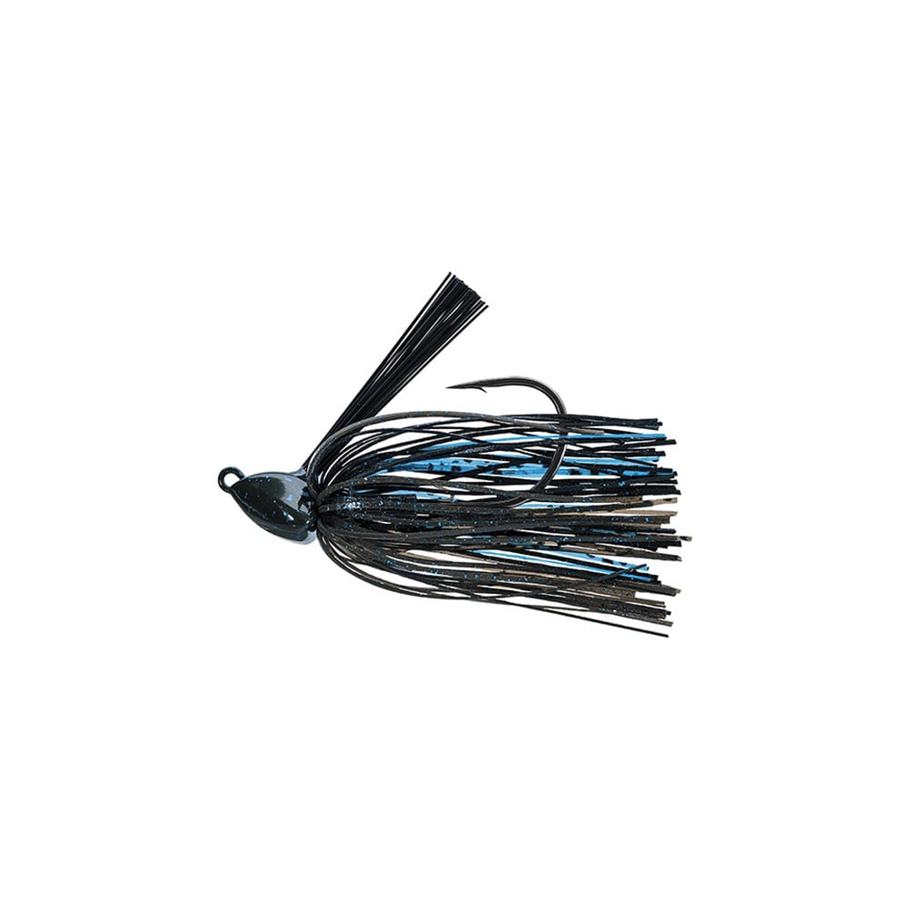 The Evergreen Grass Ripper Jig by Evergreen, favored by anglers, boasts a blue and black skirt with a shiny, rounded head that fans out the strands gracefully. It features a metal hook that extends from the jig head and curves upward for optimal catch.