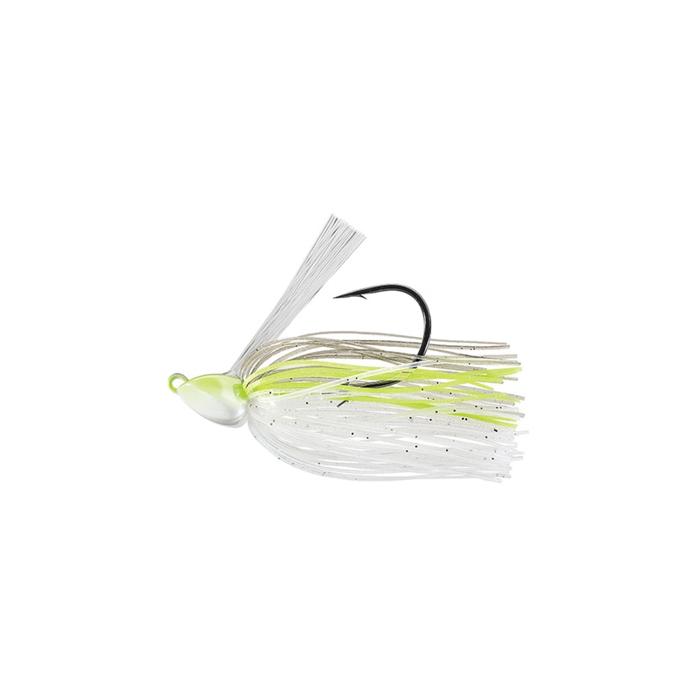 Introducing the Evergreen Grass Ripper Jig by Evergreen, a vibrant fishing lure every angler will love. Featuring a sharp hook and fringed skirt in white and chartreuse green, this jig is expertly designed to attract fish effortlessly.