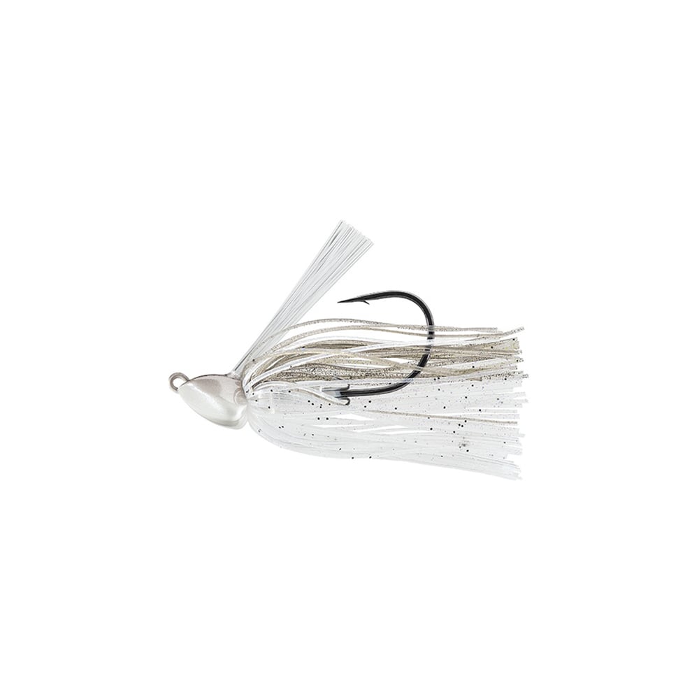 The Evergreen Grass Ripper Jig by Evergreen is a white and silvery jig with a bell-shaped head and sharp hook. Its long, glittery strands form an enticing skirt, making it ideal for anglers. Elegantly displayed on a plain white background, it lures in fish effectively.