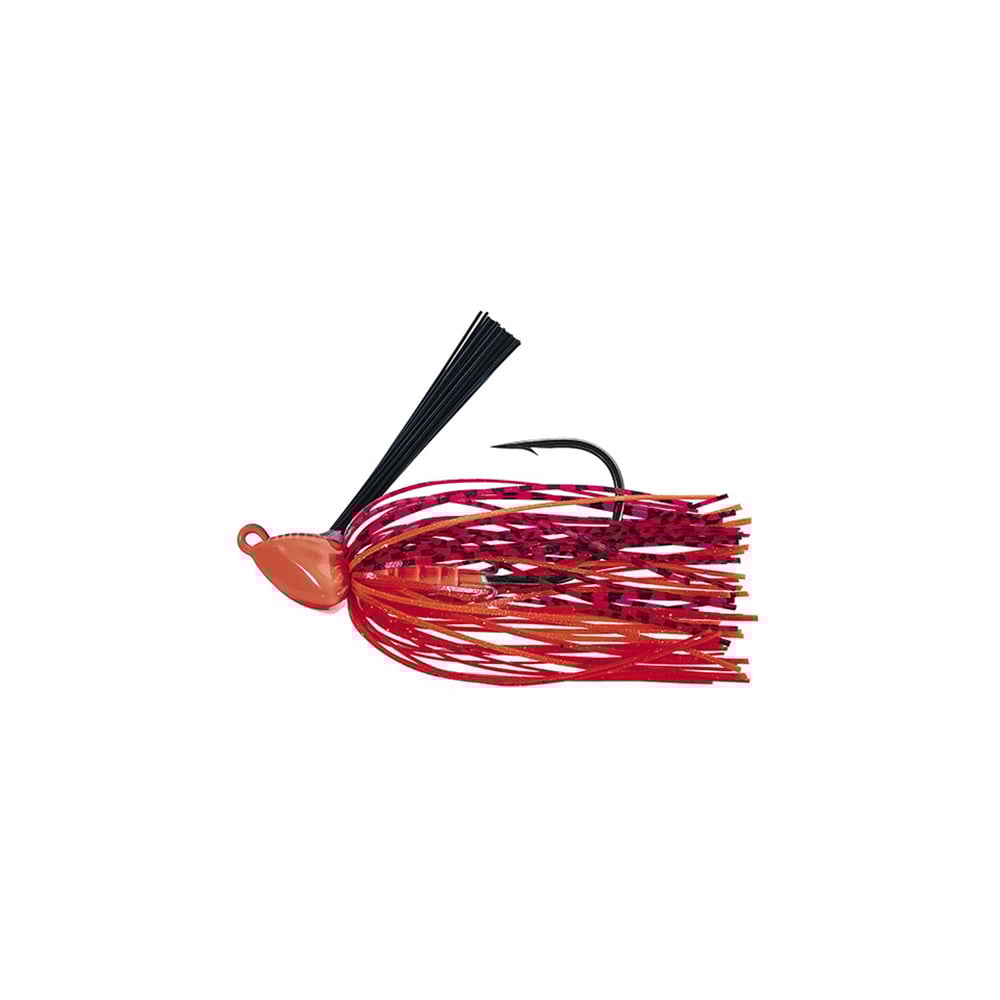 The Evergreen Grass Ripper Jig by Evergreen features a lead head and a vibrant red skirt with black and pink strands. Ideal for anglers, it has a sharp, subtly visible hook behind the head, making it an enticing lure for successful catches.