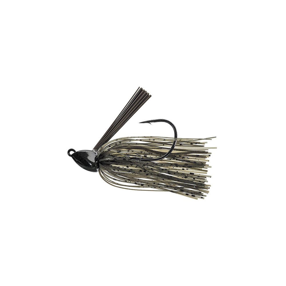 Introducing the Evergreen Grass Ripper Jig, an essential for anglers. This jig features a black head with a silver and black skirt, mimicking a small underwater creature. Its back-extension hook makes it an irresistible lure for fishing enthusiasts.