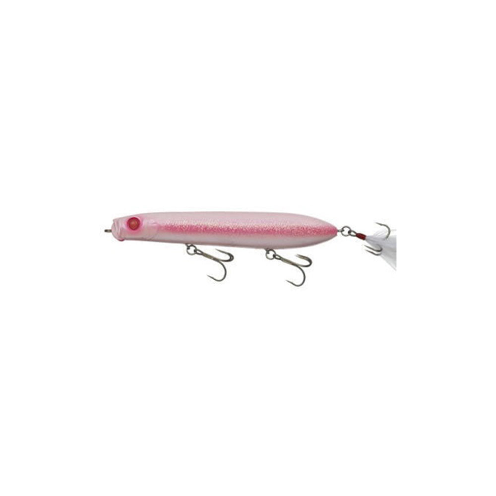 The Evergreen SB-105 Topwater Bait is a sleek, pink cylindrical lure ideal for bass fishing. It has two treble hooks underneath and one at the back. Its textured surface mimics fish scales with an eye-like marking near the front.