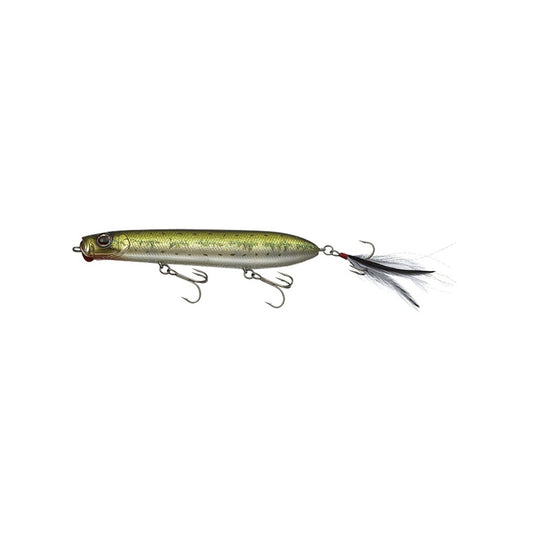 Meet the Evergreen SB-105 Topwater Bait, a fish-shaped lure ideal for bass fishing. With a greenish-gold body, two treble hooks underneath, and a red-tipped feather tail, it mimics small baitfish to entice the wariest catch.