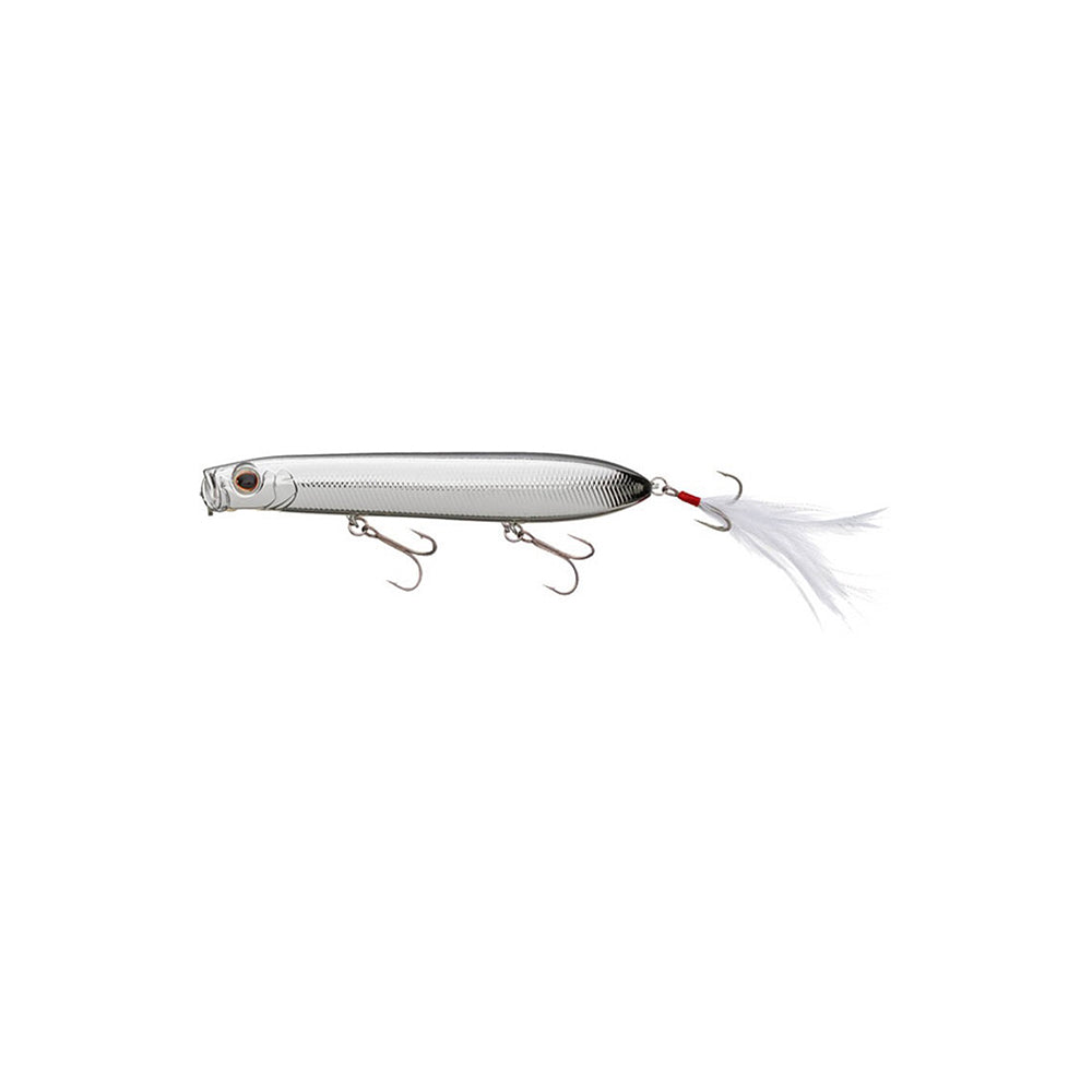 Introducing the Evergreen SB-105 Topwater Bait, designed to mimic a small fish with its silver body, three treble hooks, and feathered tail. Perfect for bass fishing, this lure features a metallic sheen and detailed scales that make it irresistible to big catches.