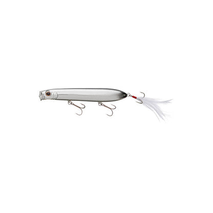 Introducing the Evergreen SB-105 Topwater Bait, designed to mimic a small fish with its silver body, three treble hooks, and feathered tail. Perfect for bass fishing, this lure features a metallic sheen and detailed scales that make it irresistible to big catches.