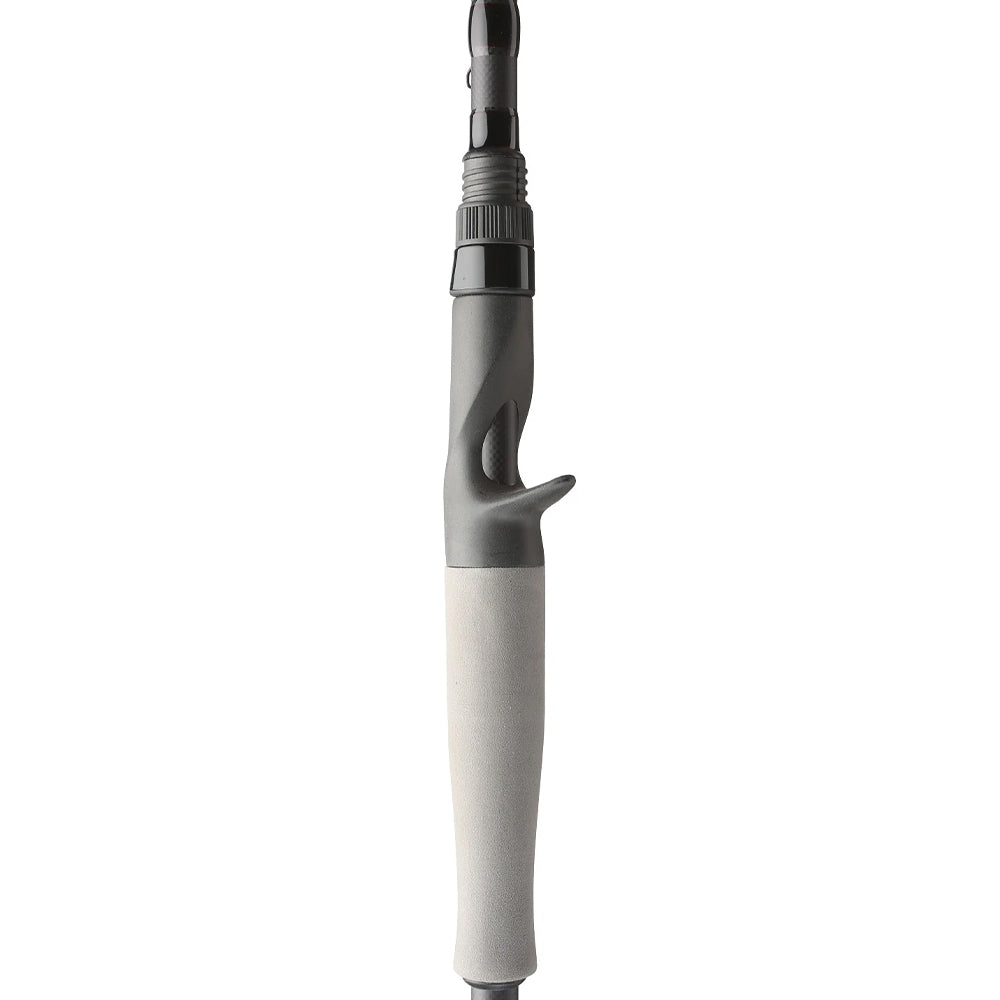 Close-up of the Falcon BuCoo SR Casting Rod "Weightless Worm" 6'7" Medium Heavy (BRC-5-167) by Falcon, showing its gray grip, black reel seat, and Fuji guides against a white background.